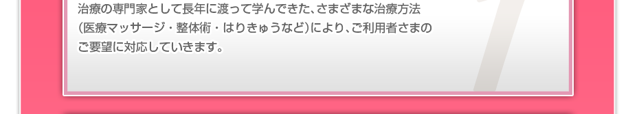 治療の専門家として長年に渡って学んできた、さまざまな治療方法(医療マッサージ・整体術・はりきゅうなど)により、ご利用者さまのご要望に対応していきます。